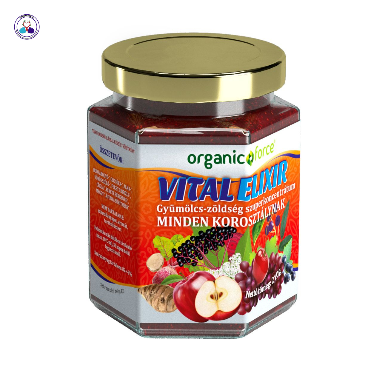 Organic Force VitalElixír, gyümölcs-zöldség szuperkoncentrátum minden korosztálynak 210g-os kiszerelés