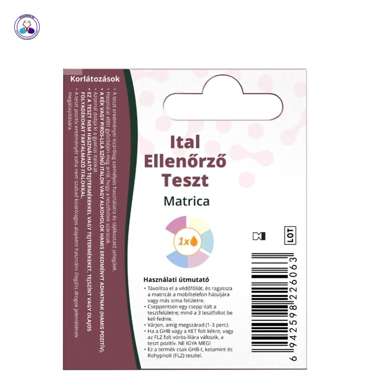 Ital Ellenőrző Teszt Matrica GHB, Ketamin és Rohypnol (FLZ) Kimutatására – 3 db Ital Ellenőrző Teszt Matrica GHB, Ketamin és Rohypnol (FLZ) Kimutatására – 3 db