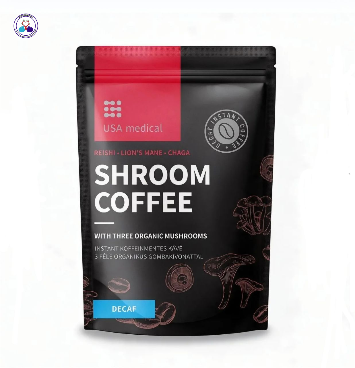 SHROOM COFFEE DECAF – Koffeinmentes instant gombakávé Lion’s Mane, Reishi és Chaga kivonattal